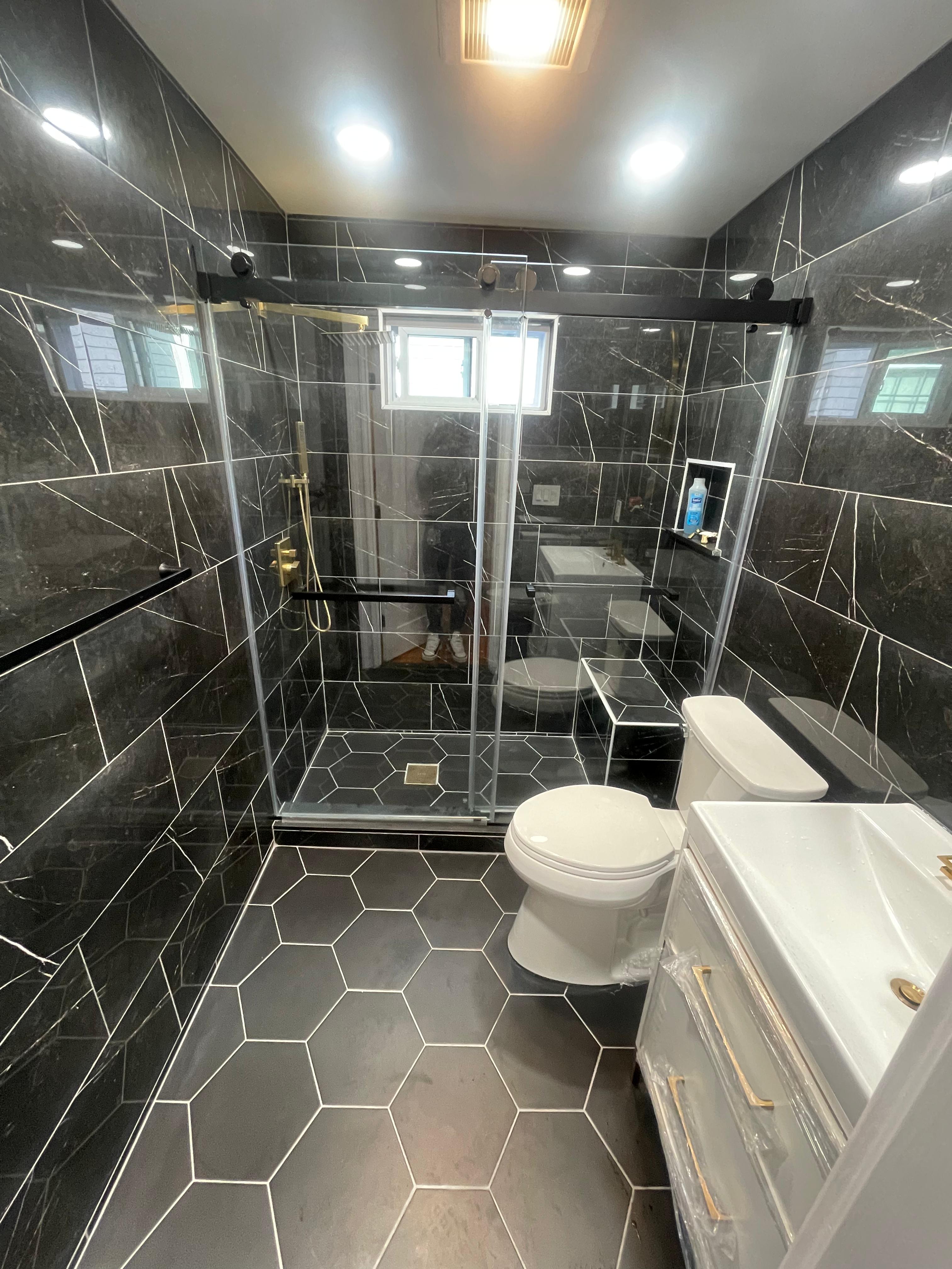 Finished bathroom remodel with marble tile — Ashland, MA